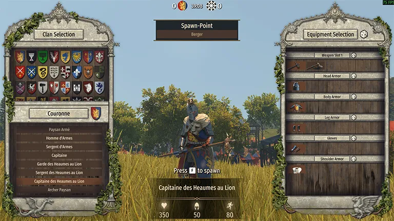 Equipment selection screen